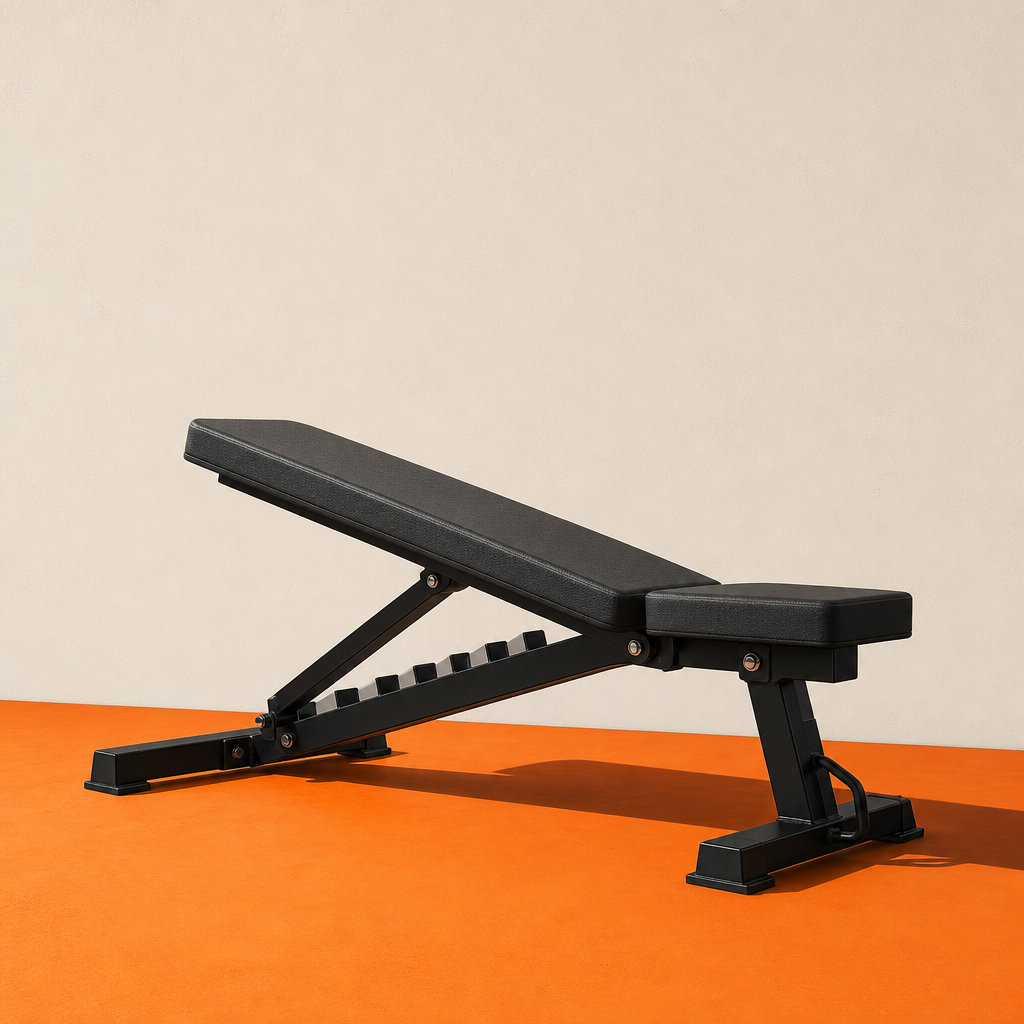 Low-profile black adjustable bench on a vivid orange studio floor