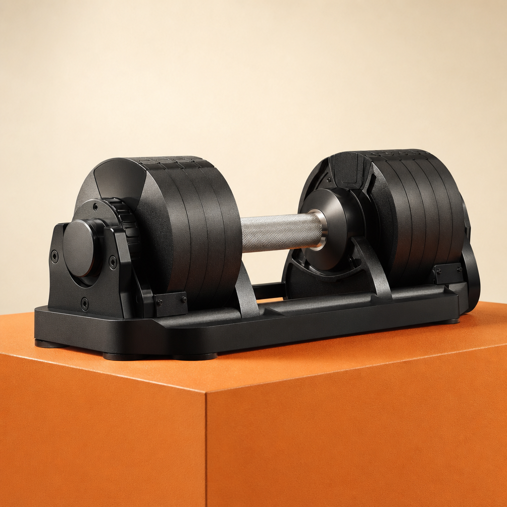 Black adjustable dumbbell with a knurled steel handle on an orange plinth