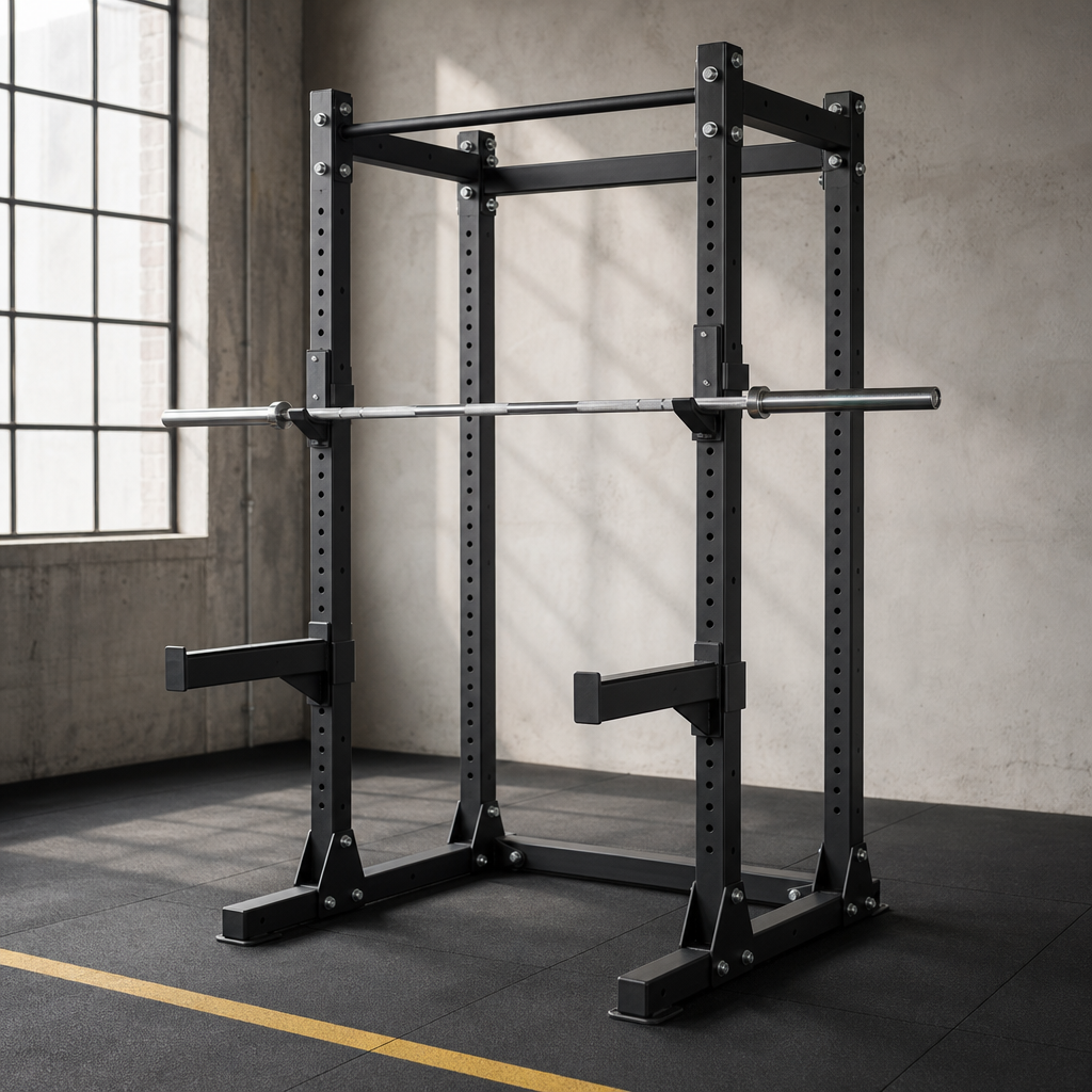 Compact matte black steel half rack with a barbell in a daylight studio